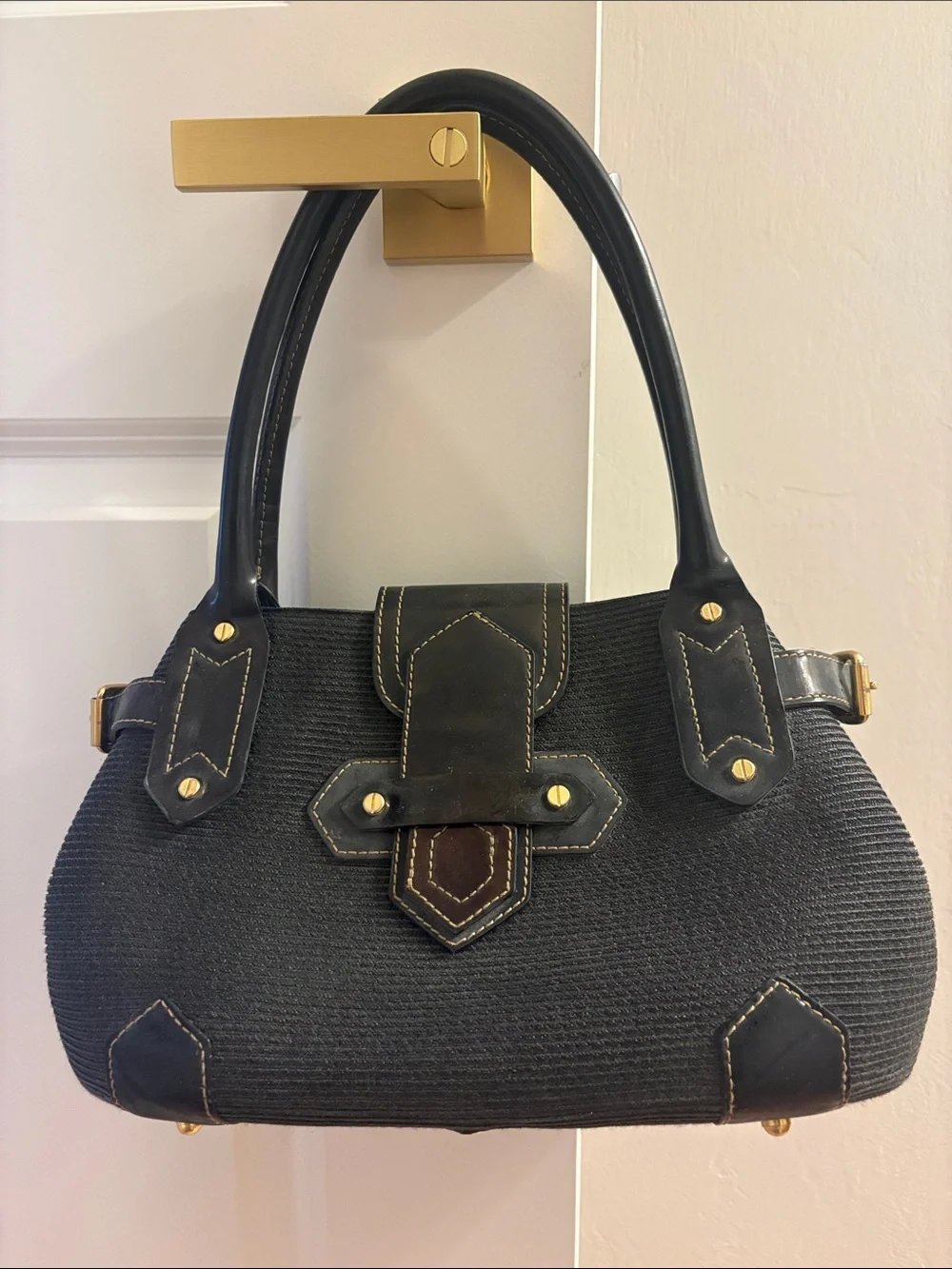 Eric Javits Straw Black Woven Handbag with Gold Hardware and Black Patent Lining